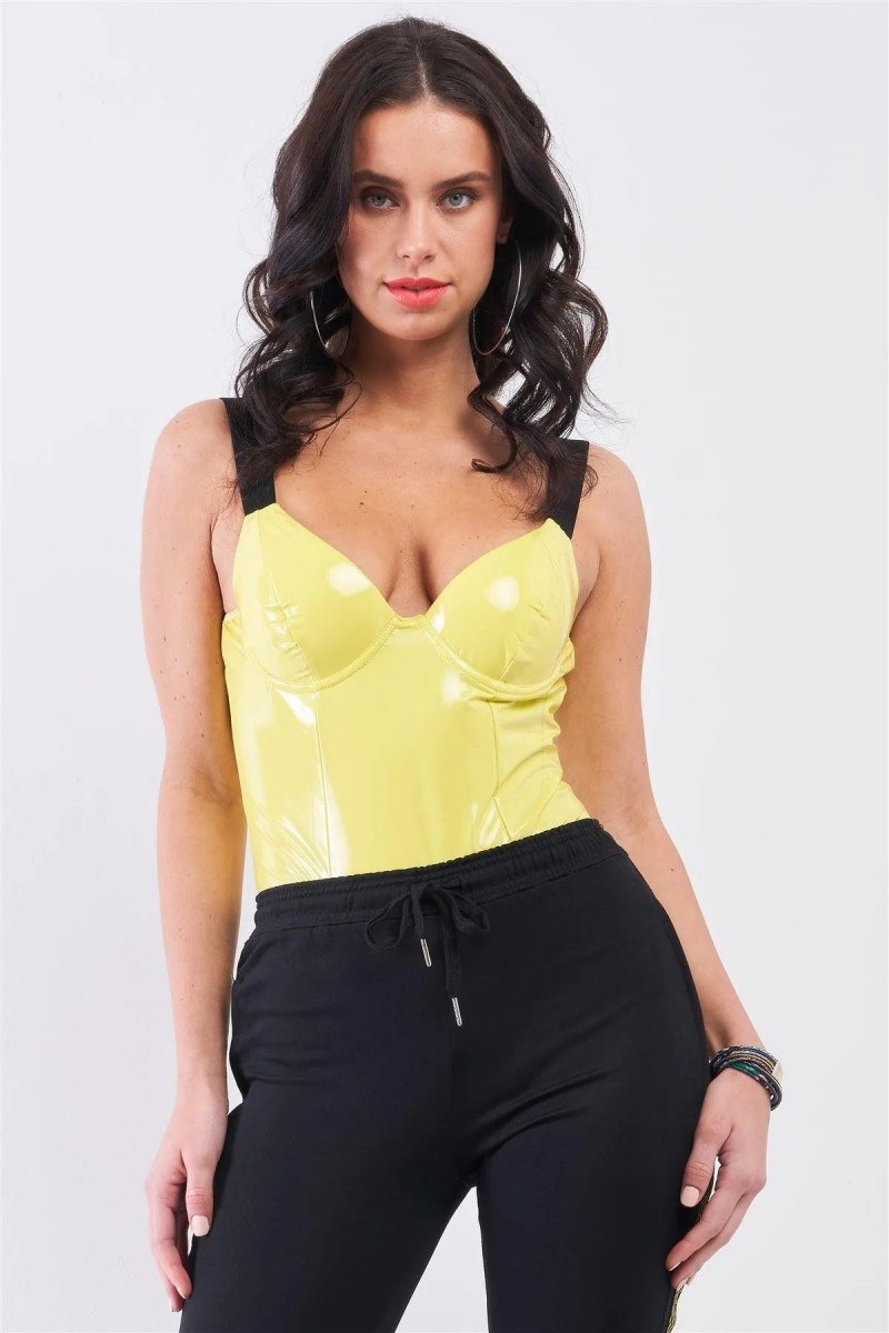 Vegan Leather Elastic Strap Bustier Bodysuit