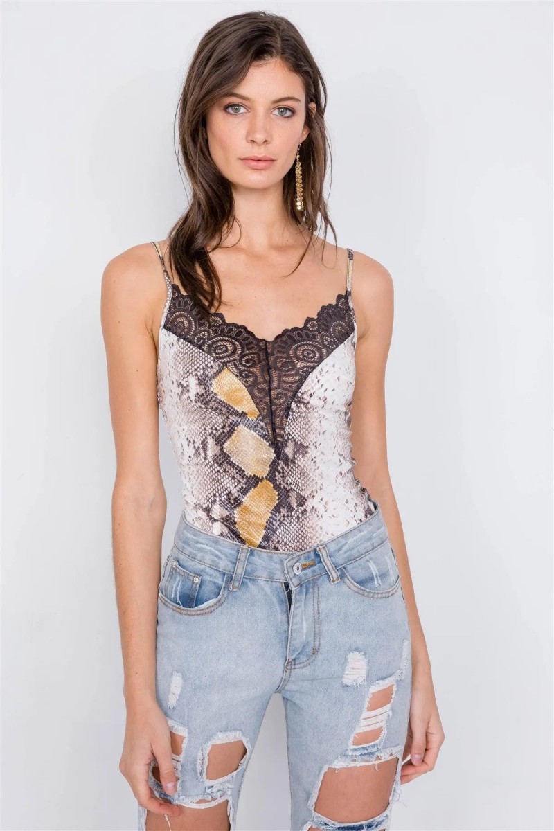 Brown Snake Print Lace Trim V-Neck Combo Bodysuit