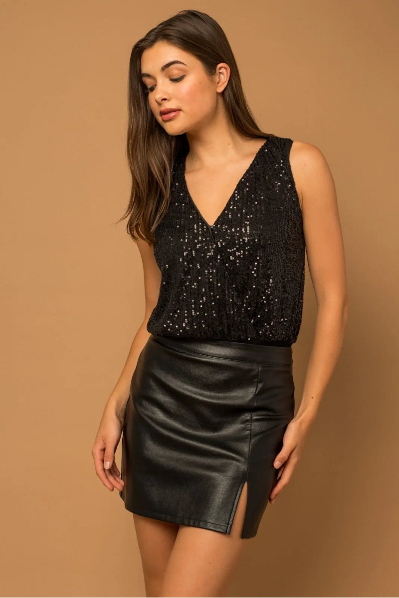 Sleeveless V-Neck Sequin Wrap Bodysuit