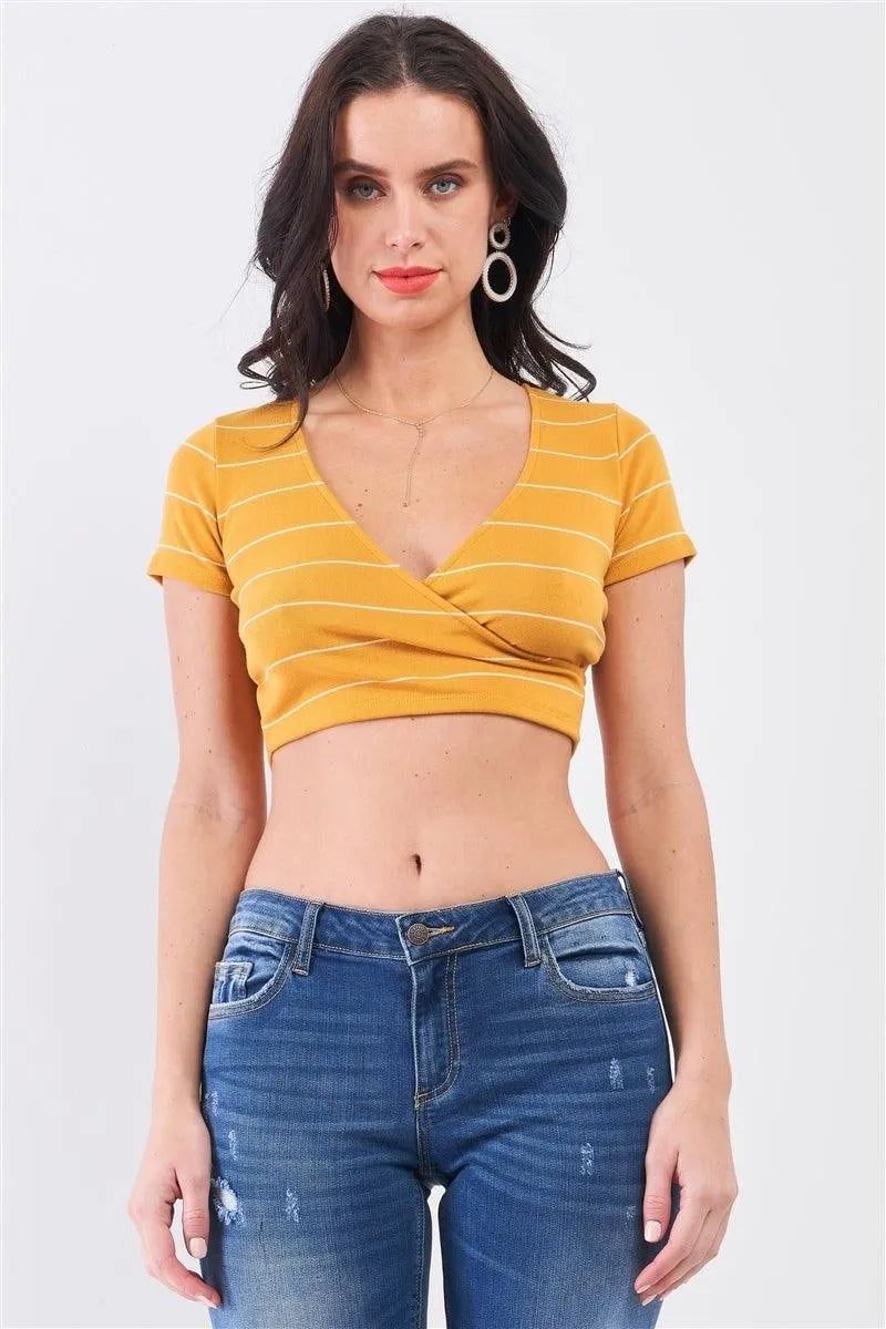 Mustard & Ivory Striped V-Neck Wrap Front Crop Top