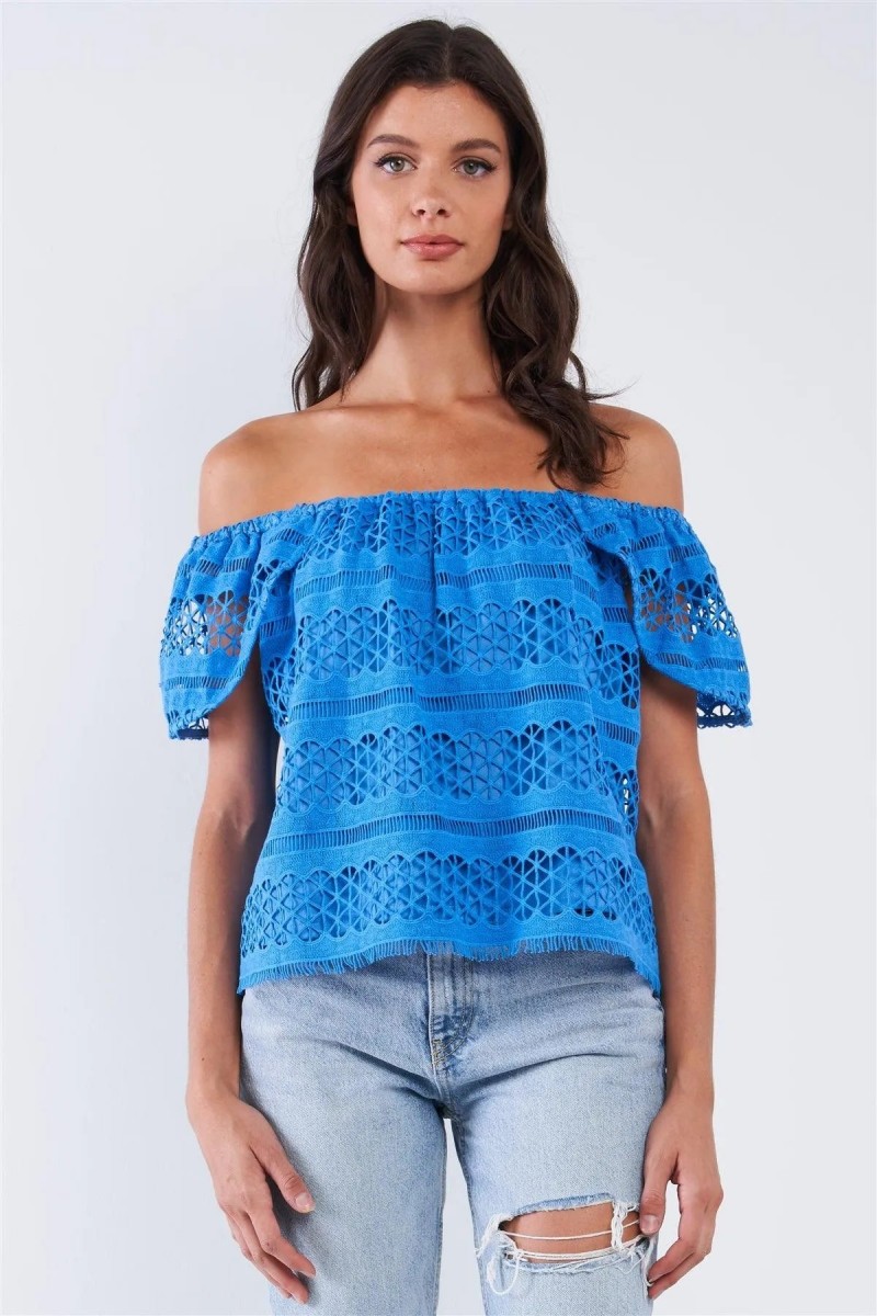 Blue Crochet Off-The-Shoulder Angel Wing Mini Sleeve Multi Pattern Lined Top
