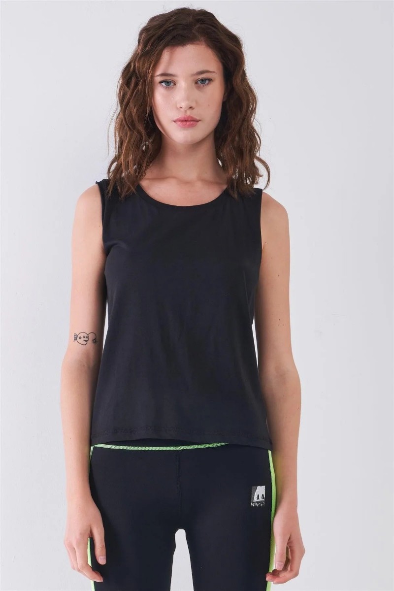 Black Solid Sleeveless Raw Hem Detail Round Neck Basic Tank Top