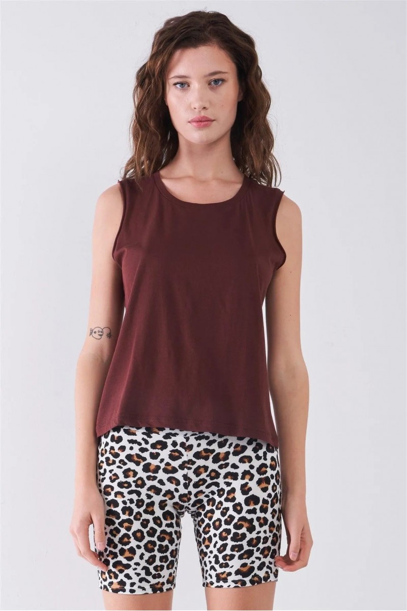 Burgundy Solid Sleeveless Raw Hem Detail Round Neck Basic Tank Top