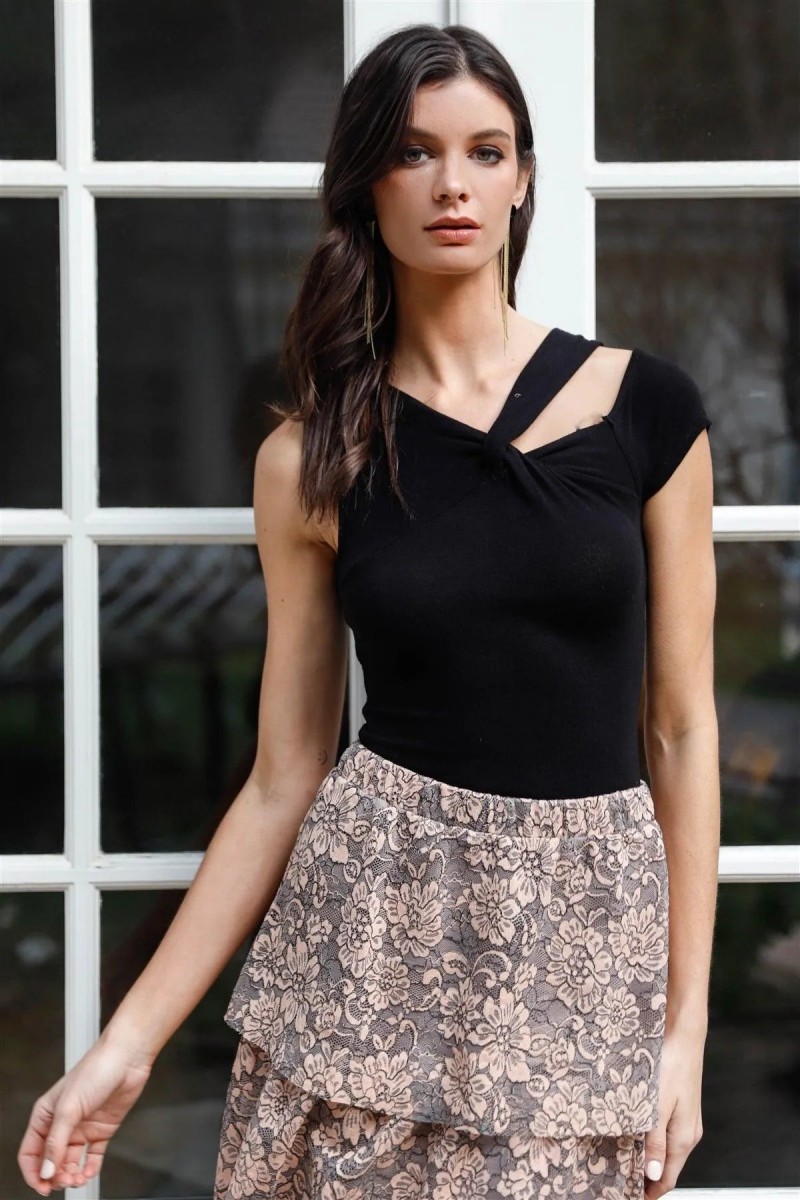 Black Viscose Blend Twisted Front Detail Asymmetrical Bodysuit