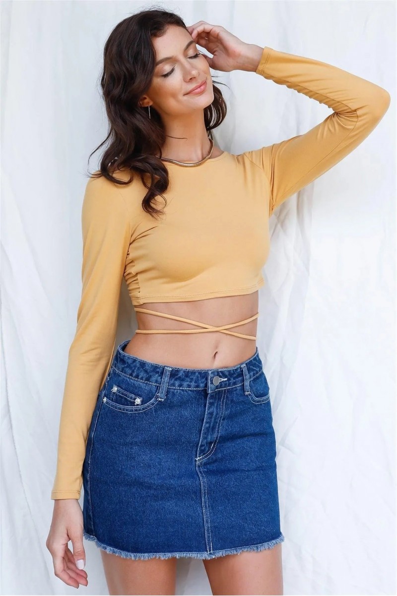 Dusty Yellow Back Criss-Cross Ruched Self-Tie Detail Crop Top