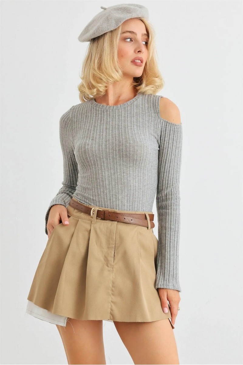 Heather Grey Flannel Ribbed Bell Sleeve Cold Shoulder Bodysuit /3-2-1