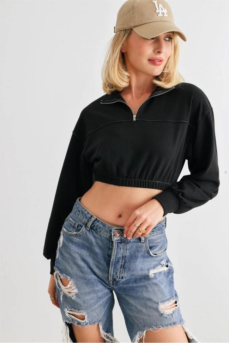 Black Zip-Up Mock Neck Long Sleeve Elastic Hem Crop Top /1-2-2-1