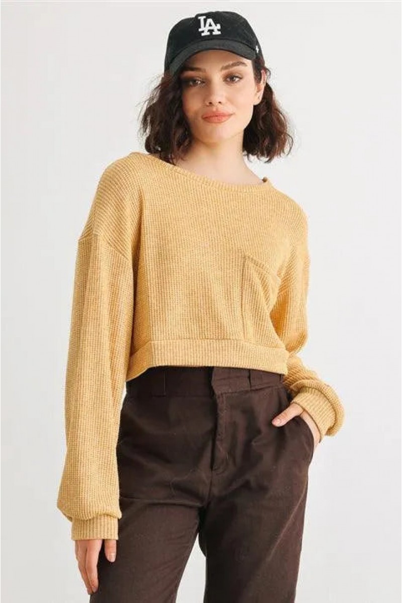 Dusty Yellow Knit Round Neck Long Sleeve One Pocket Top