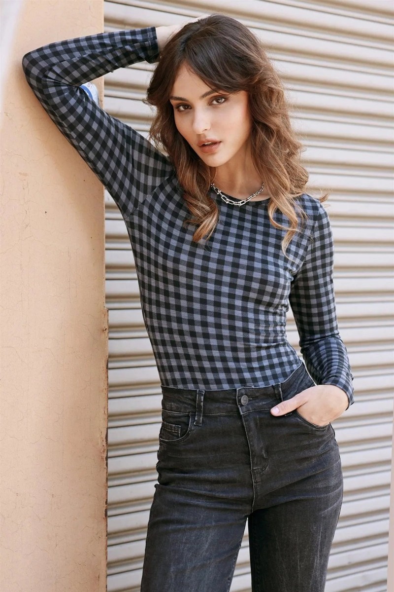 Charcoal Black Plaid Long Sleeve Bodysuit /3-2-1