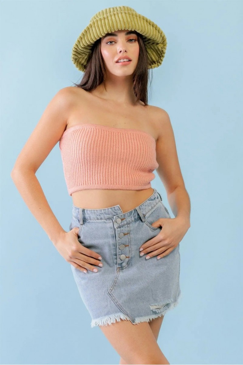 Dusty Peach Knit Strapless Crop Top /3-2-1