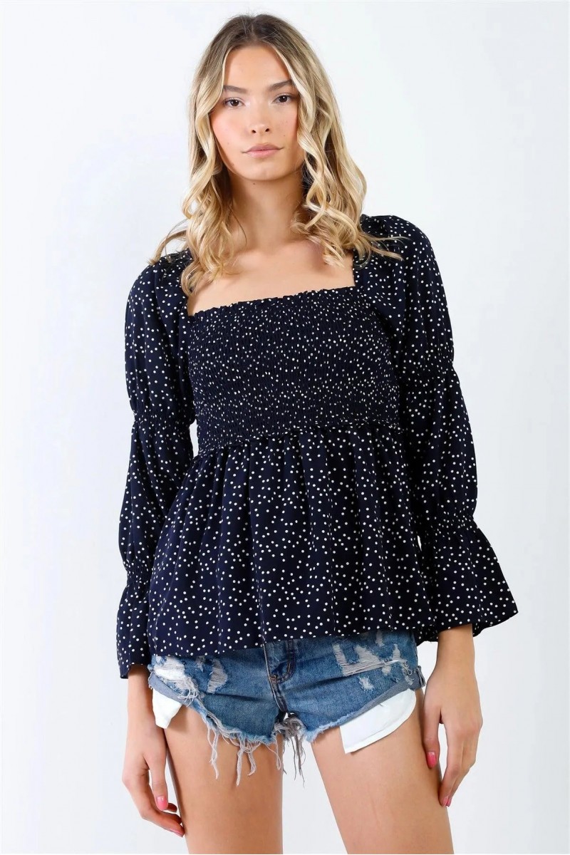 Navy Long Sleeve Polka Dot Smocked Peasant Top